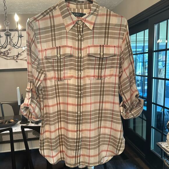 LAUREN RALPH LAUREN Women's Vextus Cotton Plaid Button Down Shirt Size Medium - Picture 3 of 8